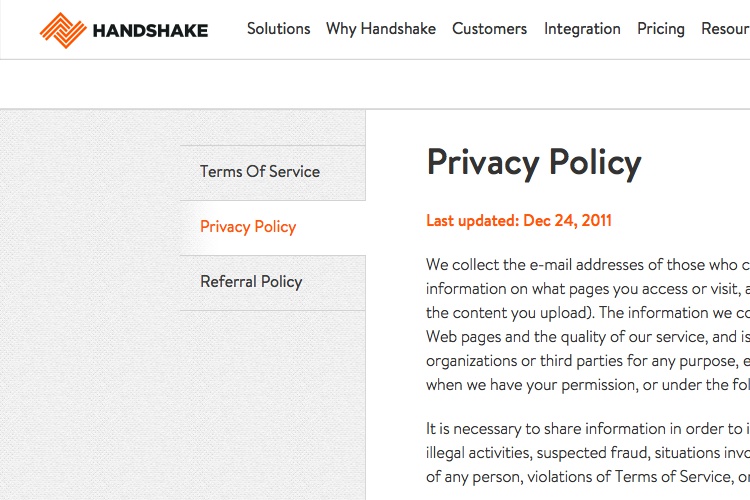 Screenshot of Handshake Terms of Service